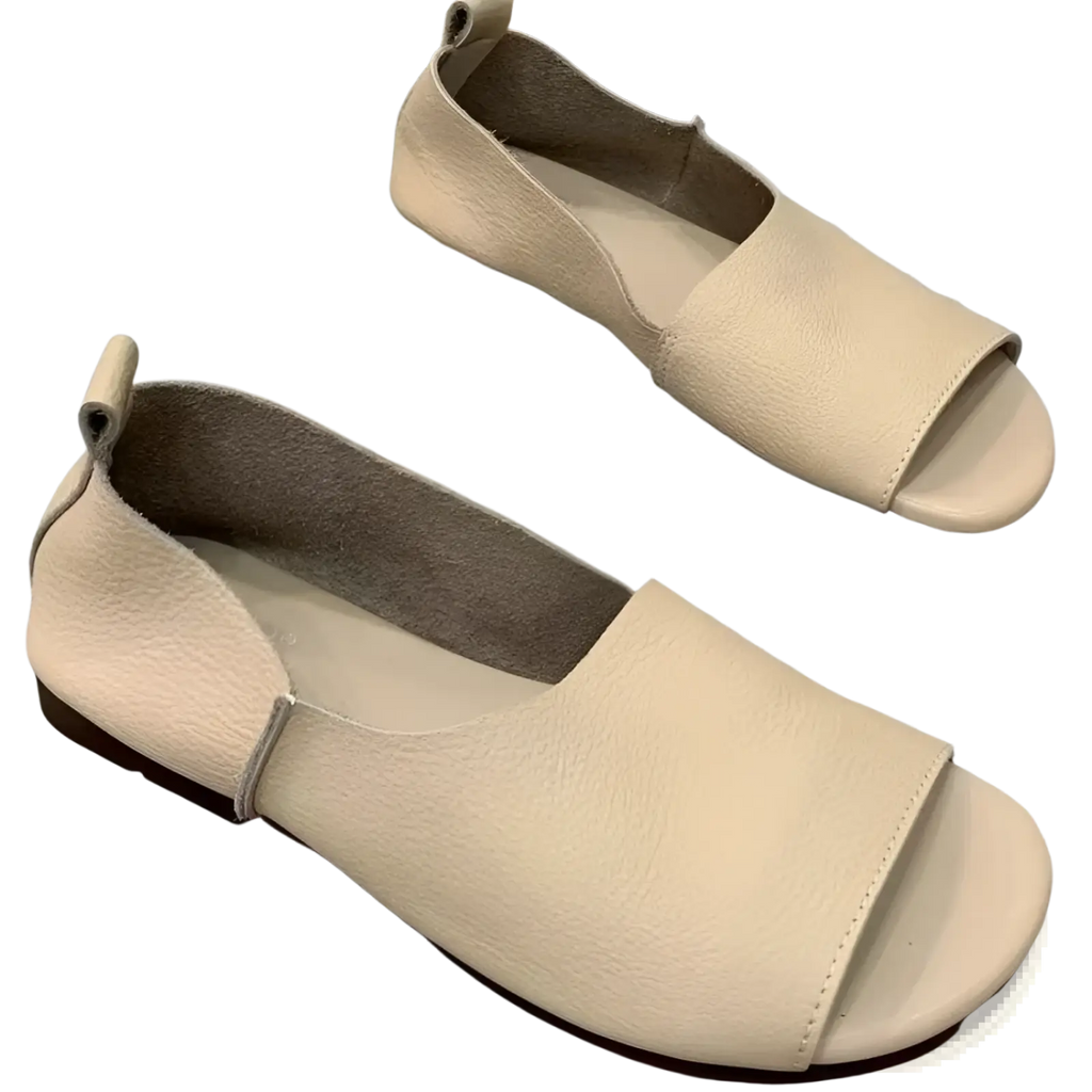 Beige leather slip-on flats with minimalist design and dark brown soles from leather sandals retro soft sole peep toe slip ons