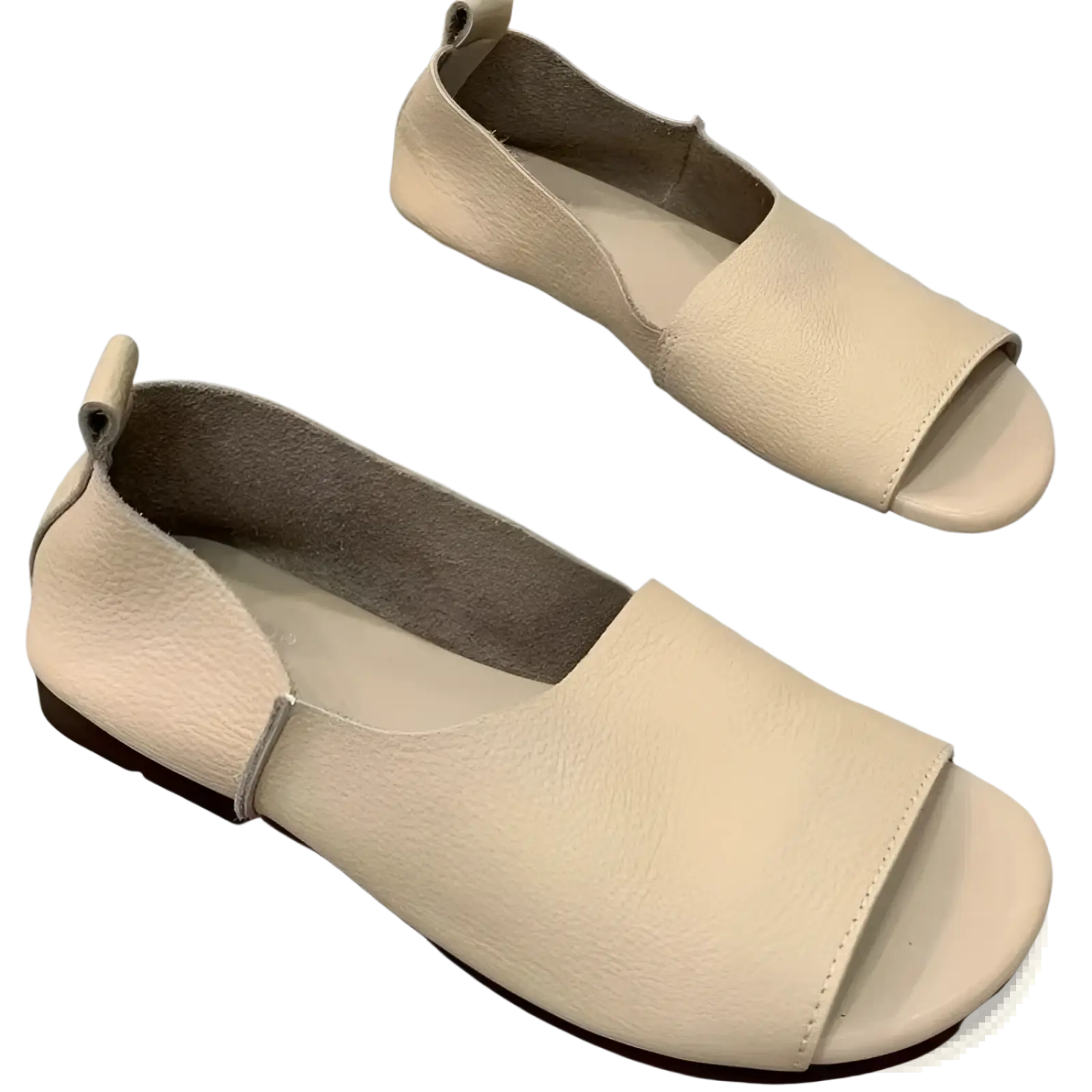 Beige leather slip-on flats with minimalist design and dark brown soles from leather sandals retro soft sole peep toe slip ons