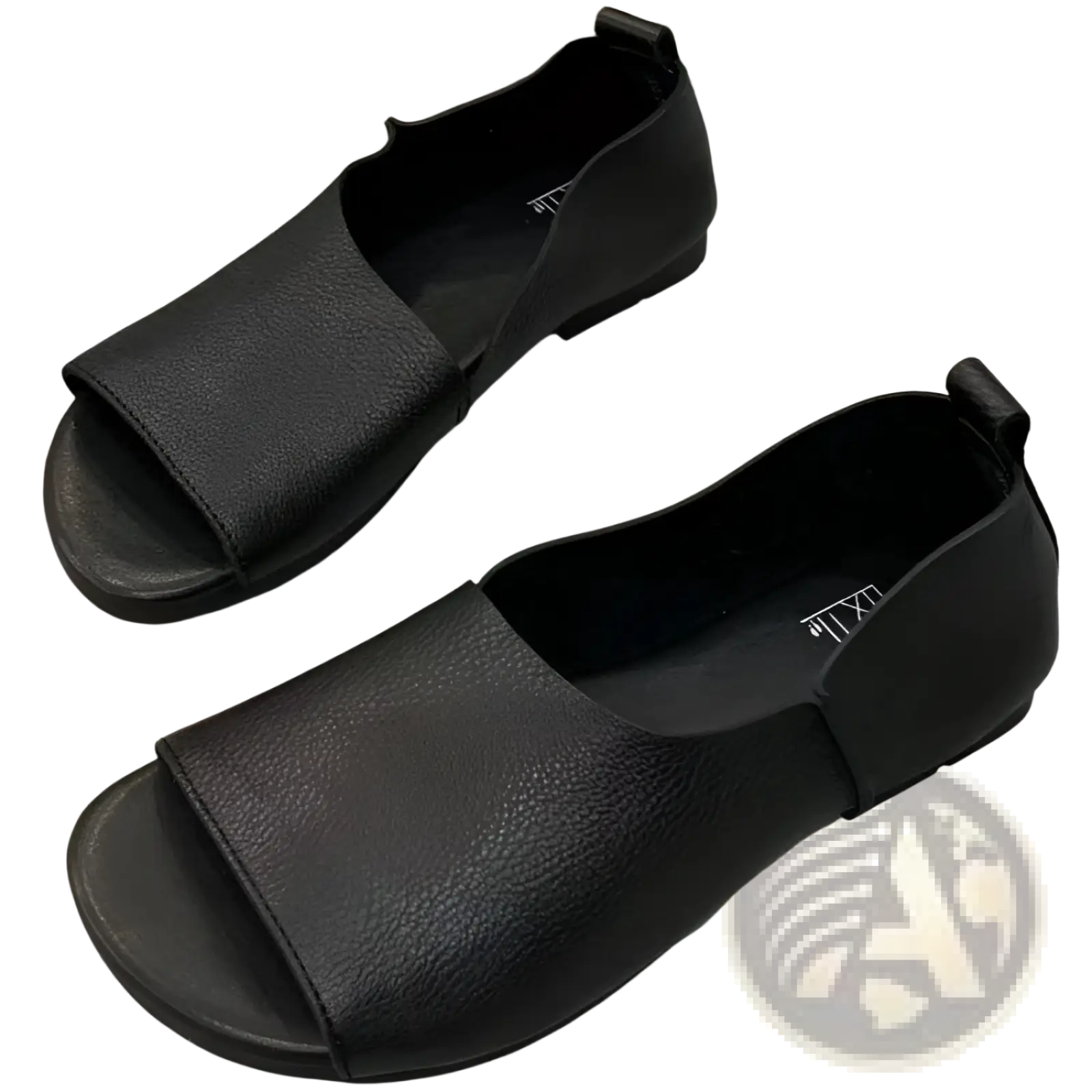 Black leather slip-on sandals with a retro soft sole and peep-toe design featuring a textured surface