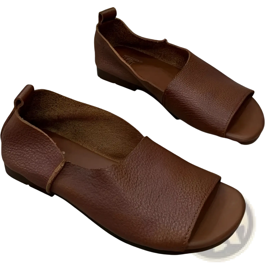 Brown leather retro slip-on sandals with soft textured sole and peep-toe design for comfortable wear