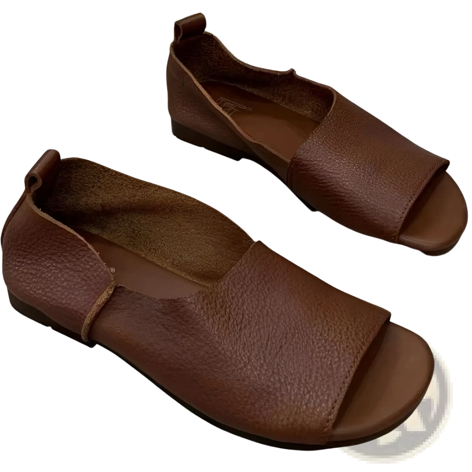 Brown leather retro slip-on sandals with soft textured sole and peep-toe design for comfortable wear