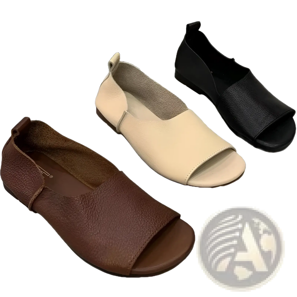 Brown beige and black leather slip-on sandals with a retro soft sole and peep toe design for casual wear