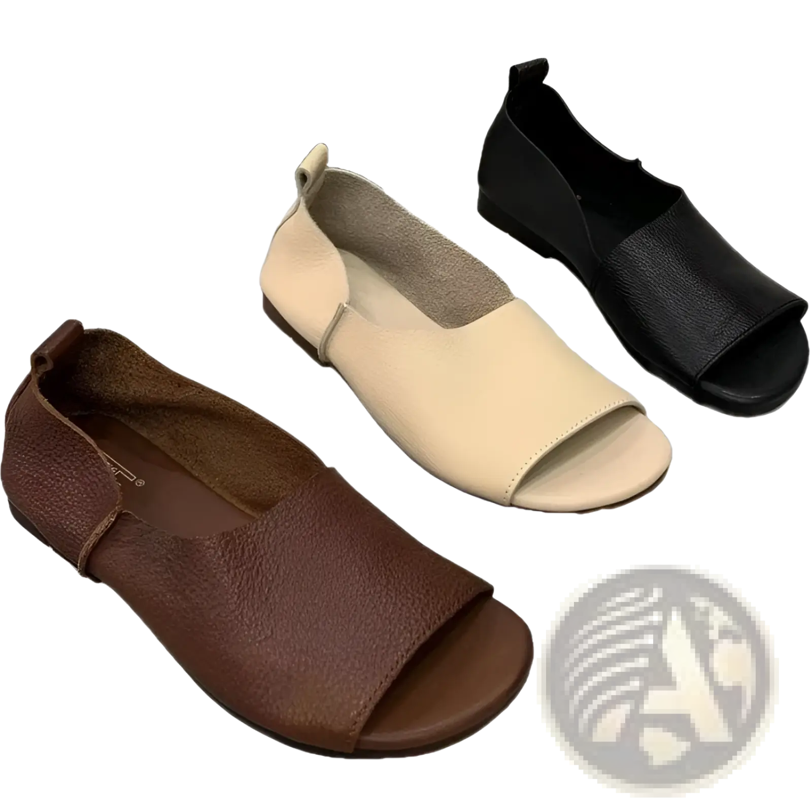 Brown beige and black leather slip-on sandals with a retro soft sole and peep toe design for casual wear