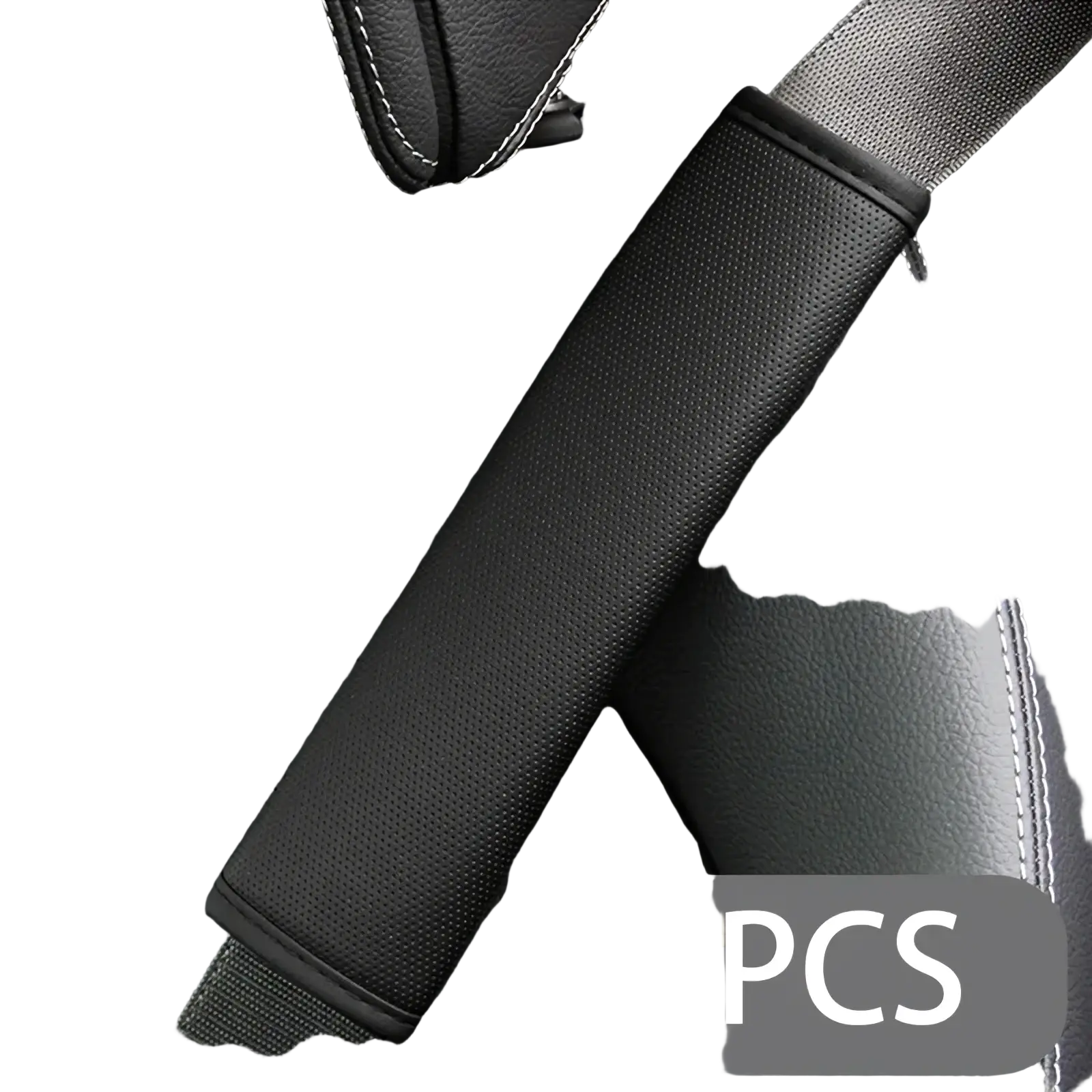 Black textured leather seat belt cover with white stitching along edges for added comfort and durability