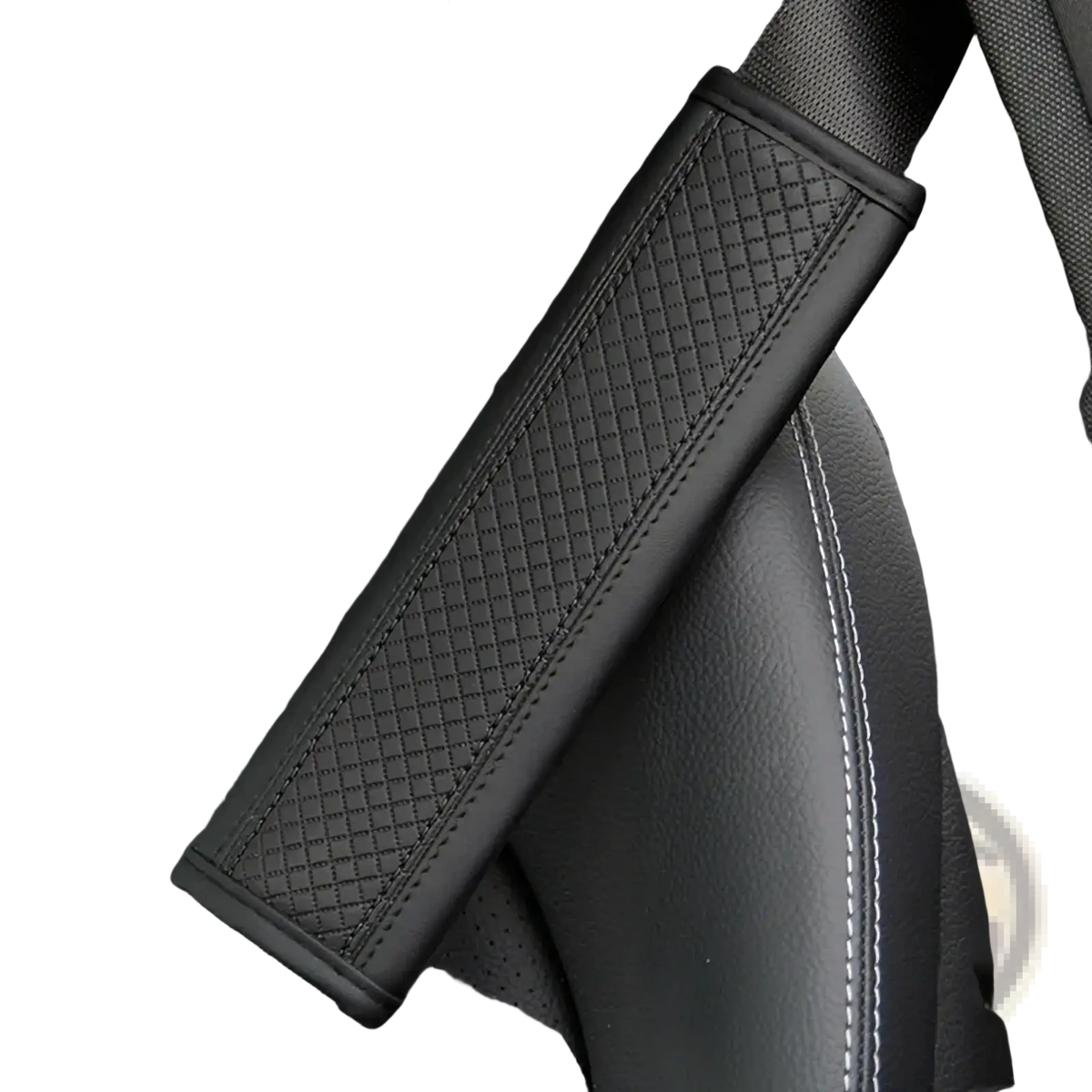 Black leather seat belt cover with diamond-stitched texture and white stitching along the edges for comfort