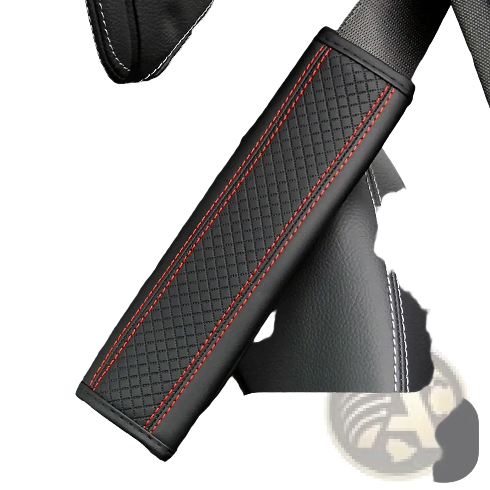 Leather seat belt cover in black textured leather with red stitching and white piping along the edges