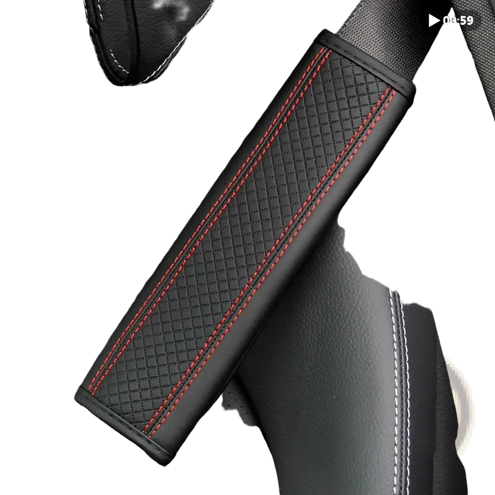 Black leather seat belt cover with red stitching along the edges for added comfort and style in vehicles