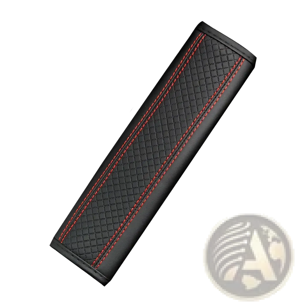 Black leather seat belt cover with red stitching along edges featuring textured surface for enhanced comfort