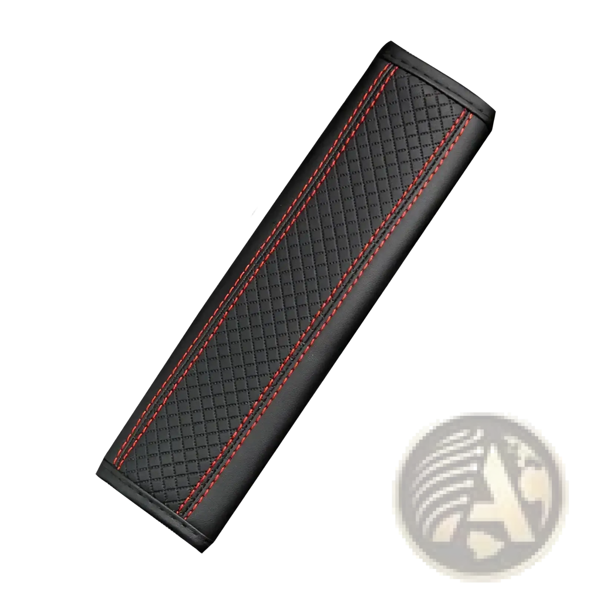 Black leather seat belt cover with red stitching along edges featuring textured surface for enhanced comfort