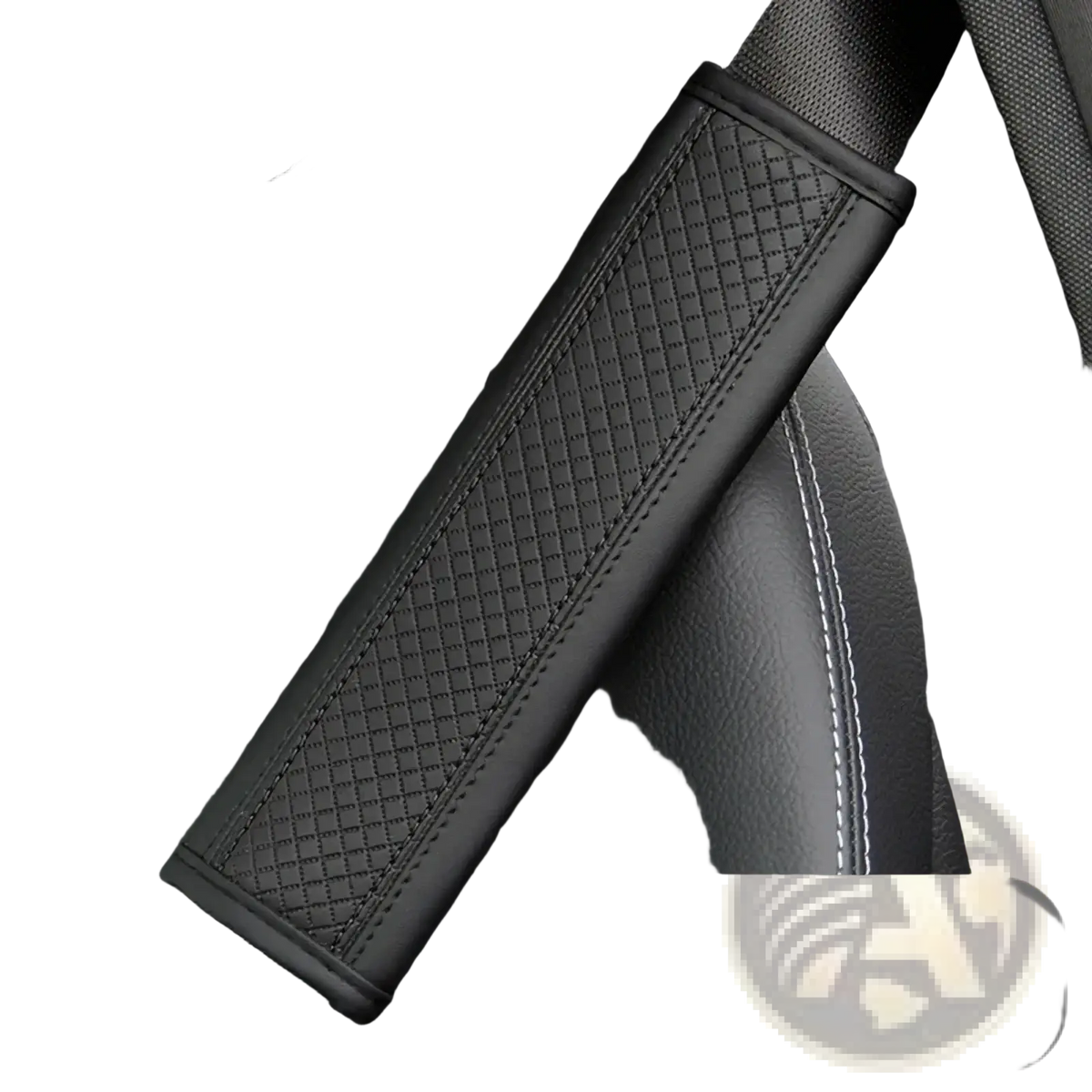 Black leather seat belt cover with red stitching featuring textured diamond-patterned surface and stitched edges
