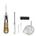 Gold-handled leather sewing awl kit with silver metallic body and needle mechanism for stitching with waxed thread