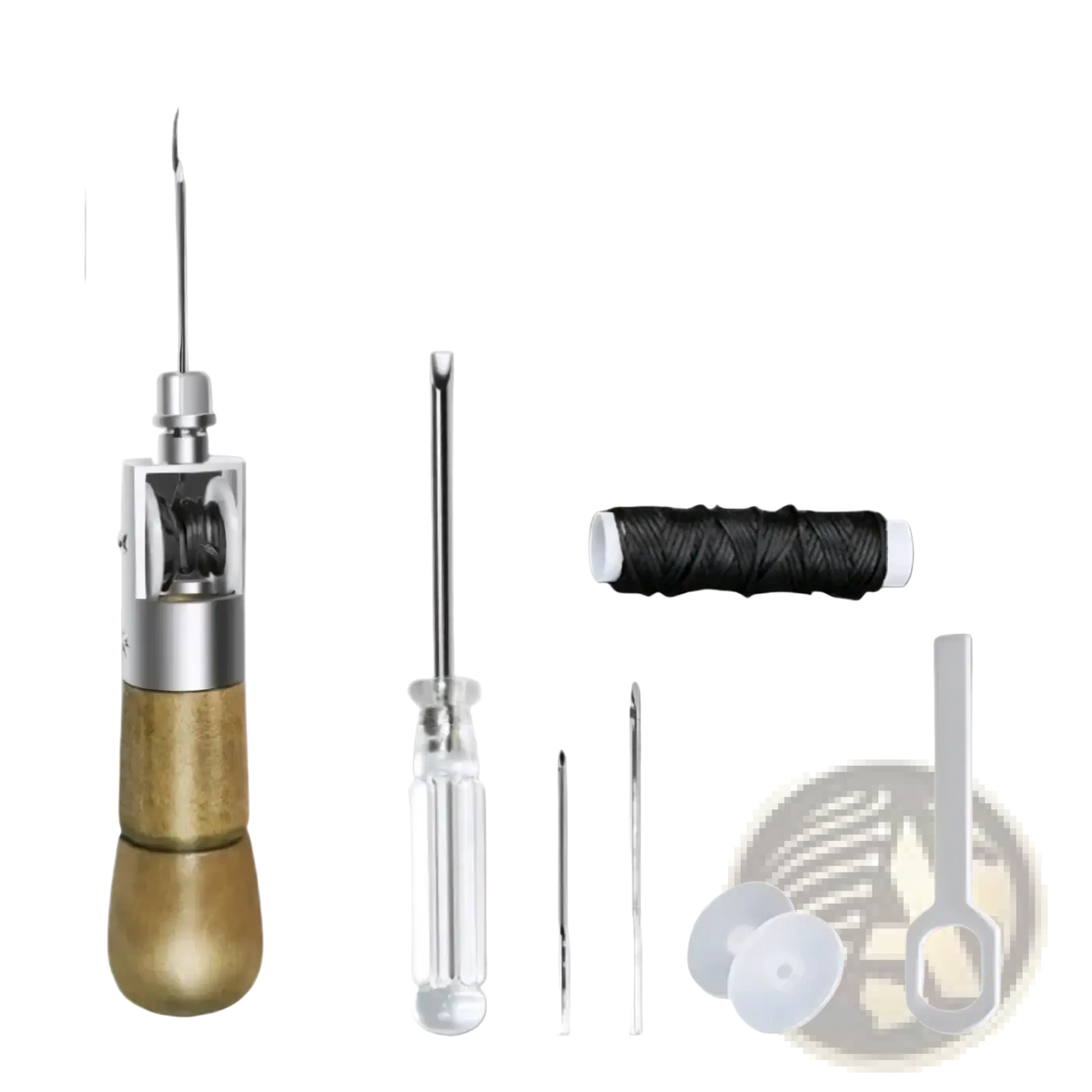 Gold-handled leather sewing awl kit with silver metallic body and needle mechanism for stitching with waxed thread