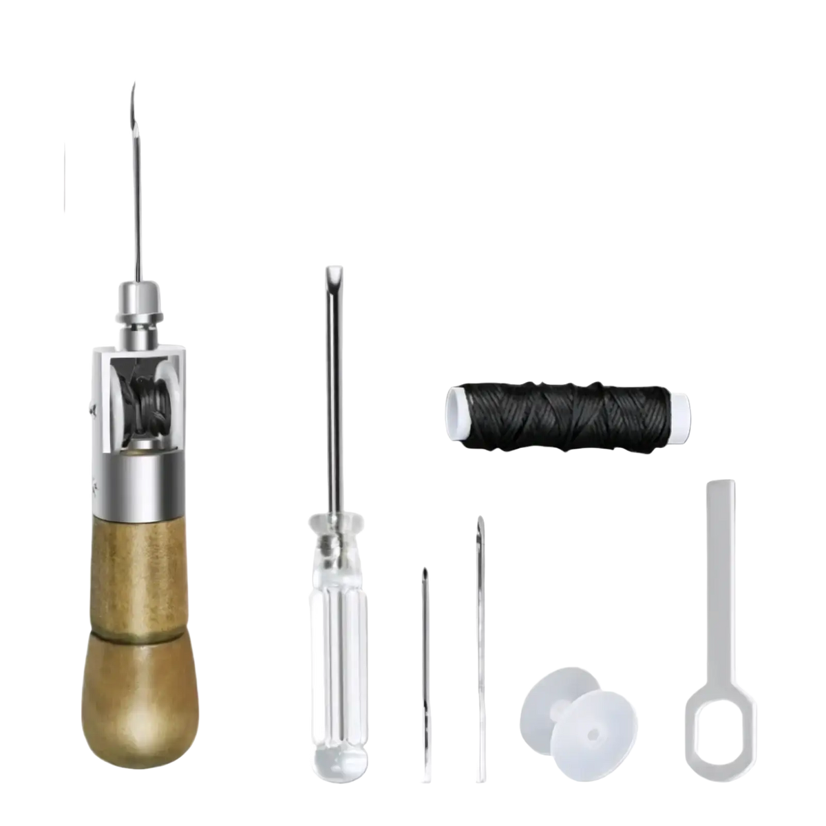 Gold-handled leather sewing awl kit with silver metallic body and needle mechanism for stitching with waxed thread