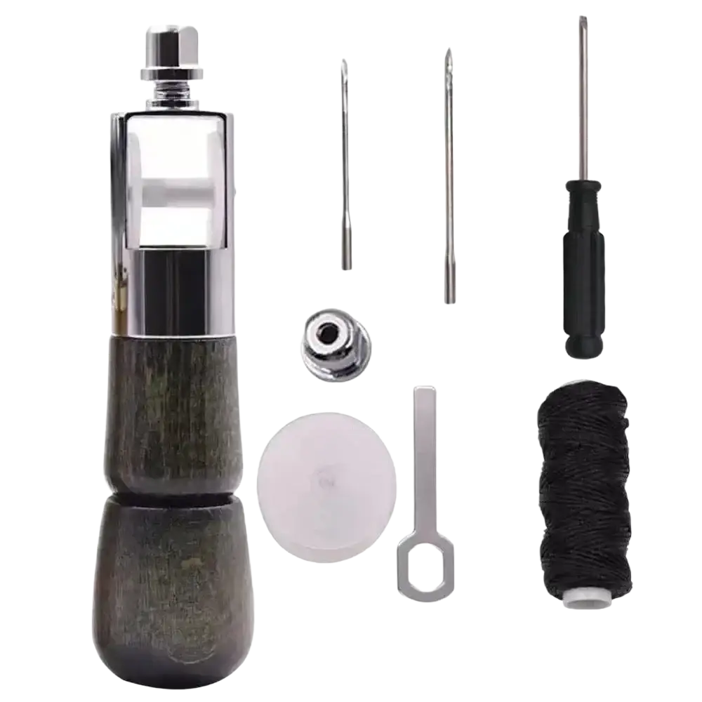 Silver and dark wood-handled sewing machine needle threader with tools from leather sewing awl kit with waxed thread