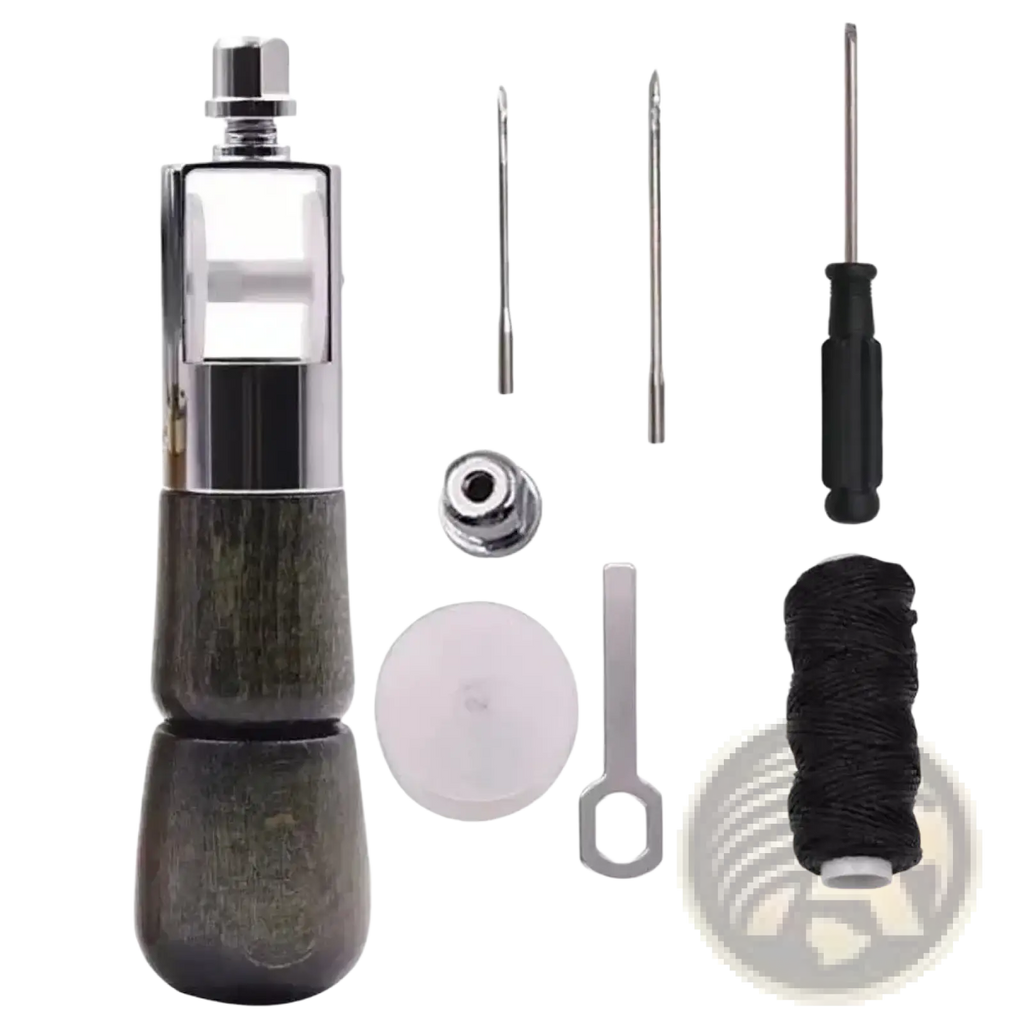 Silver and dark wood-handled sewing machine needle threader with tools from leather sewing awl kit with waxed thread