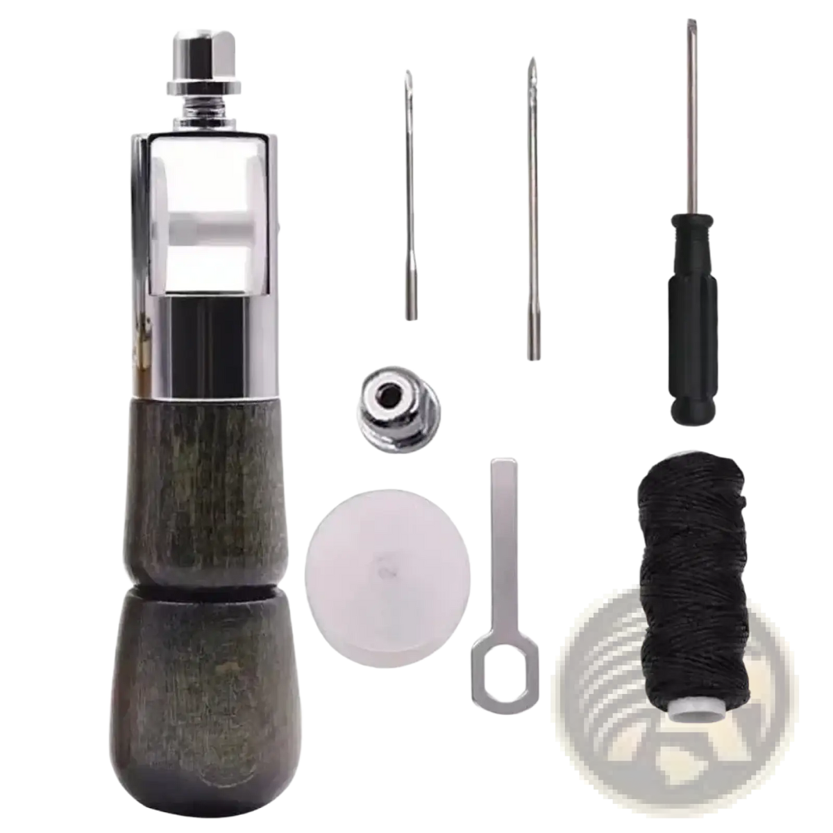 Silver and dark wood-handled sewing machine needle threader with tools from leather sewing awl kit with waxed thread