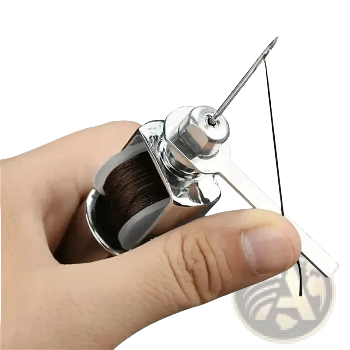 A sleek chrome-finished leather sewing awl kit thread spool with built-in needle and tension mechanism