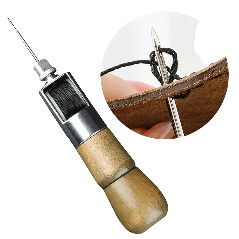 Leather sewing awl kit featuring a wooden-handled leather stitching awl with metal needle and waxed thread spool