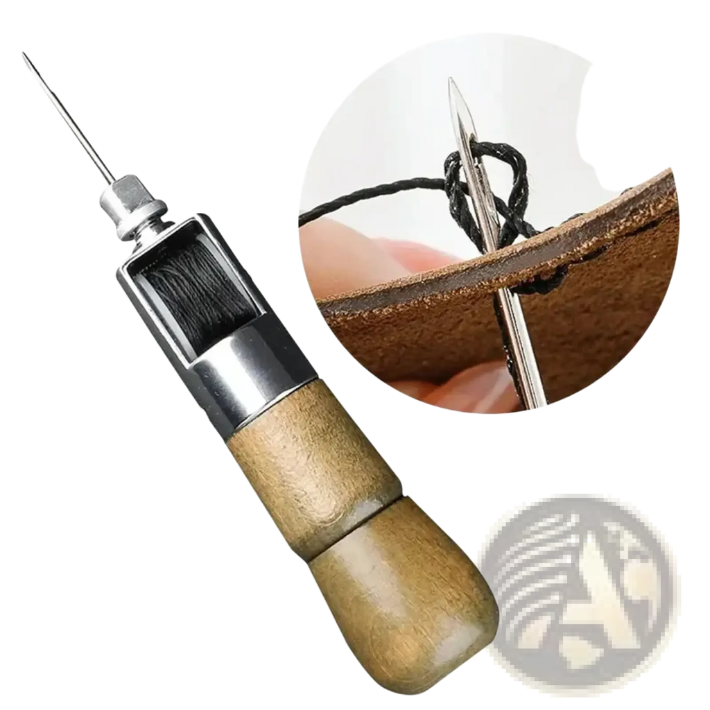 Leather sewing awl kit featuring a wooden-handled leather stitching awl with metal needle and waxed thread spool