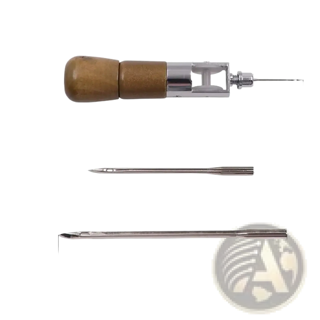 Wooden-handled leather sewing awl kit with metallic shaft and interchangeable metal needles for stitching leather