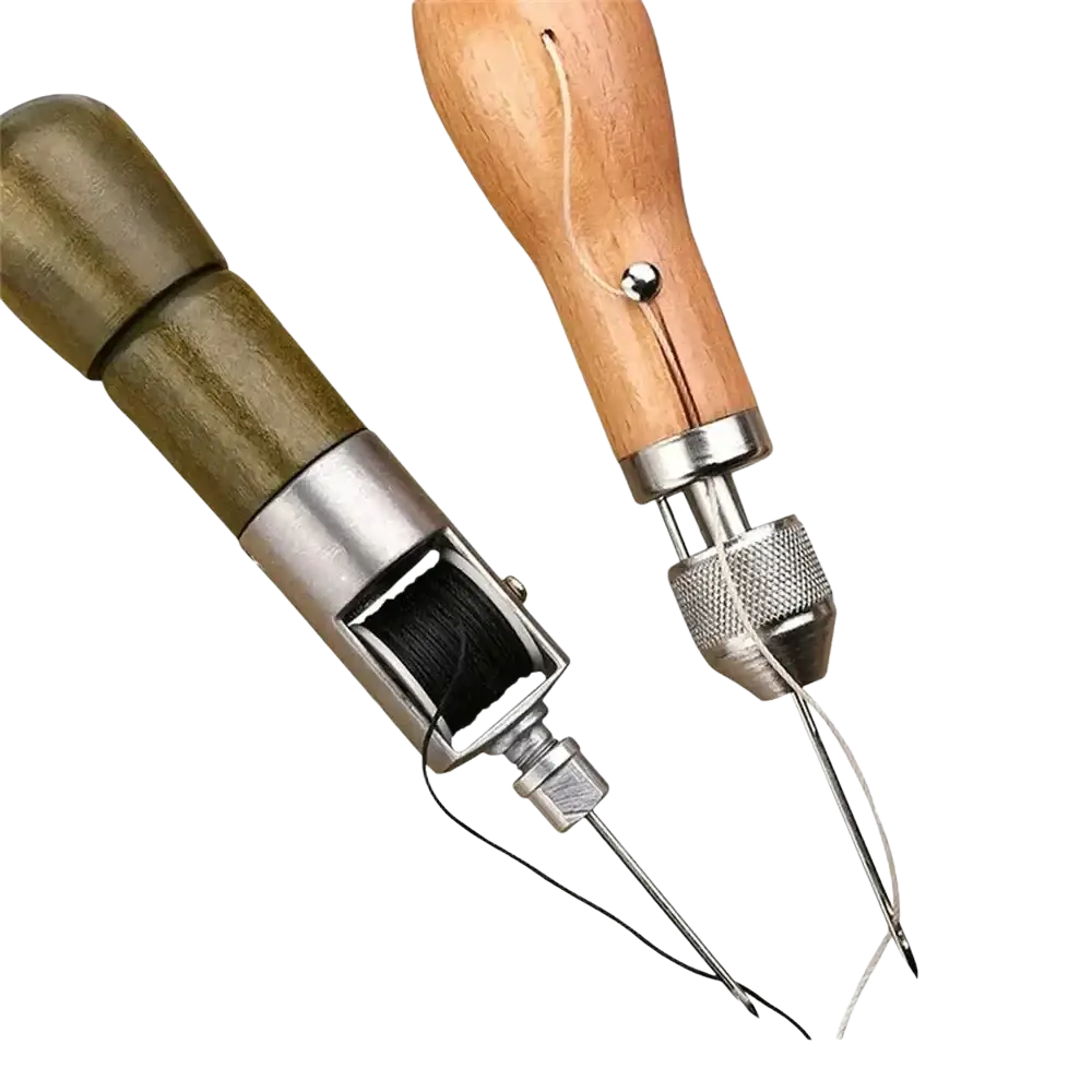 Leather sewing awl kit featuring a wooden-handled leather stitching tool with metal parts and black waxed thread spool