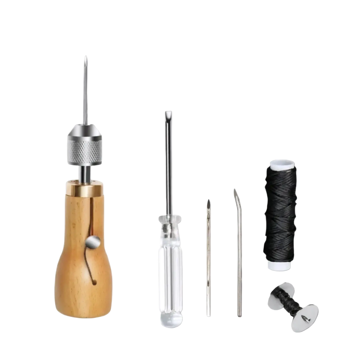 Wooden-handled leather sewing awl with metallic top and threaded shaft included in leather sewing awl kit with waxed thread