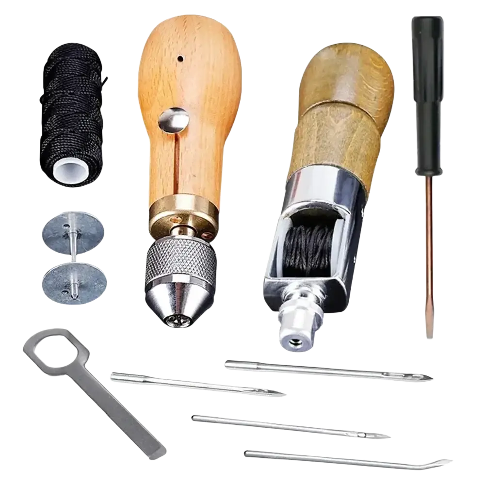Wooden-handled leather sewing awl kit with waxed thread featuring brass and chrome accents for stitching leather