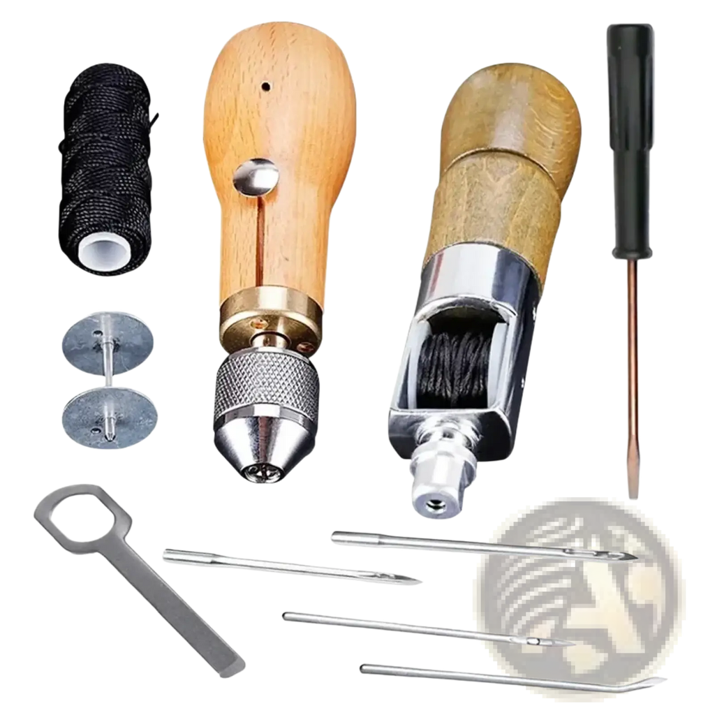 Wooden-handled leather sewing awl kit with waxed thread featuring brass and chrome accents for stitching leather