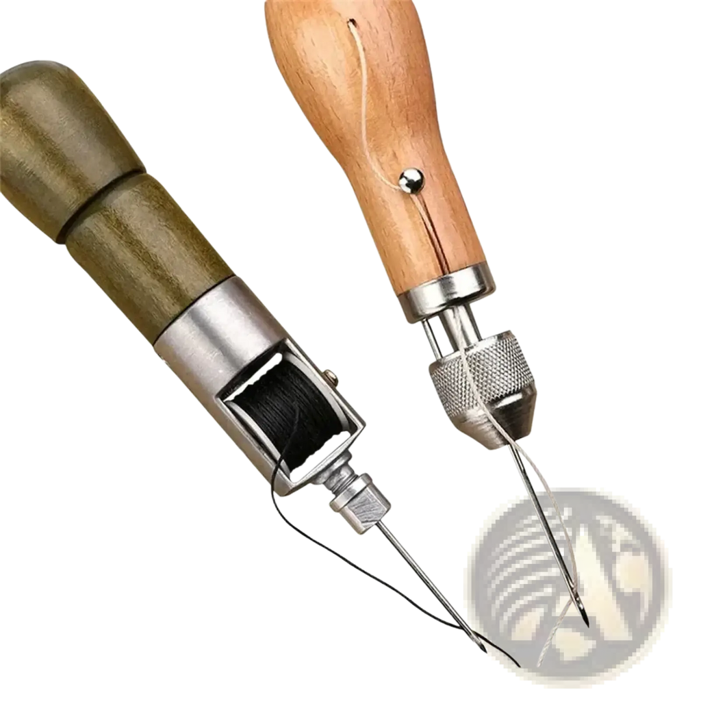 Leather sewing awl kit featuring a wooden-handled leather stitching tool with metal parts and black waxed thread spool