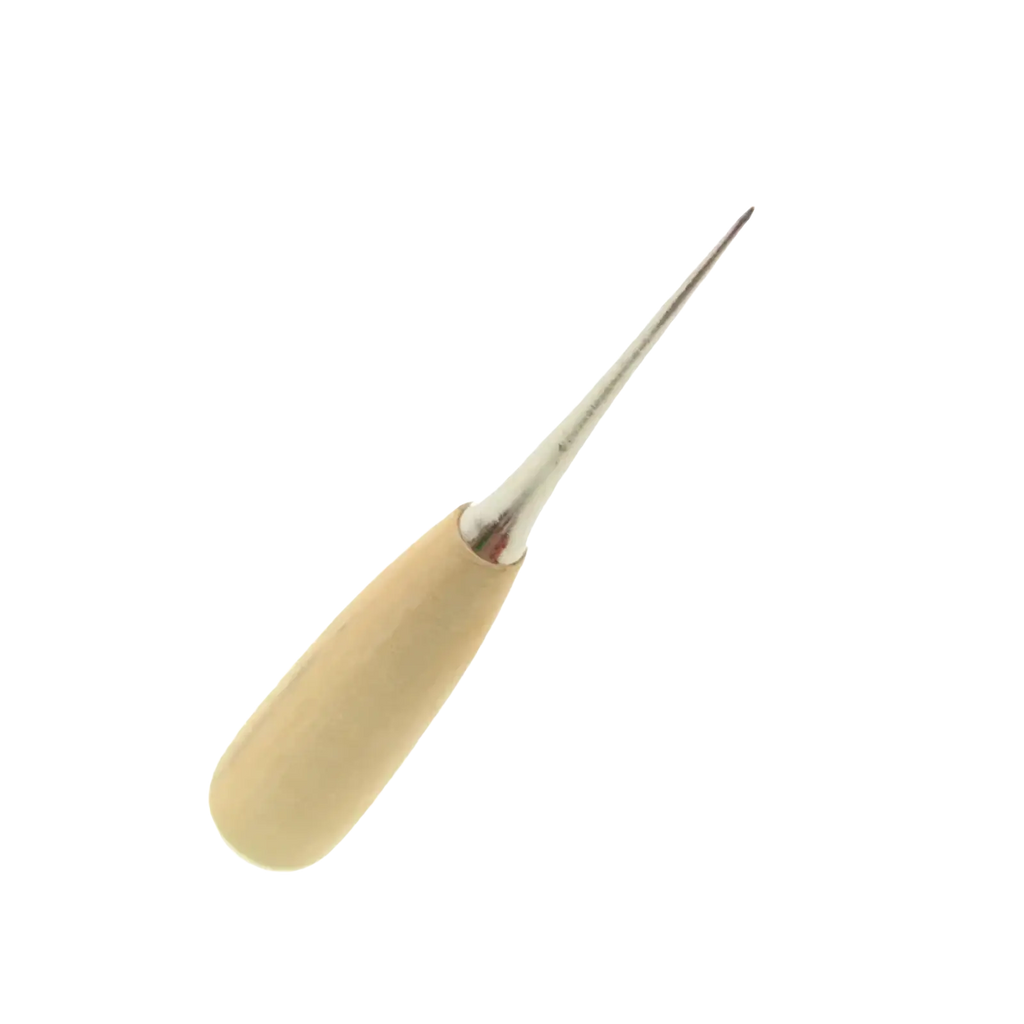 Leather sewing awl with a 12cm light beige wooden handle and slender metallic tip for craft punching