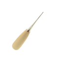 Beige wooden-handled leather sewing awl with a slender metallic punch tip for precise craftwork