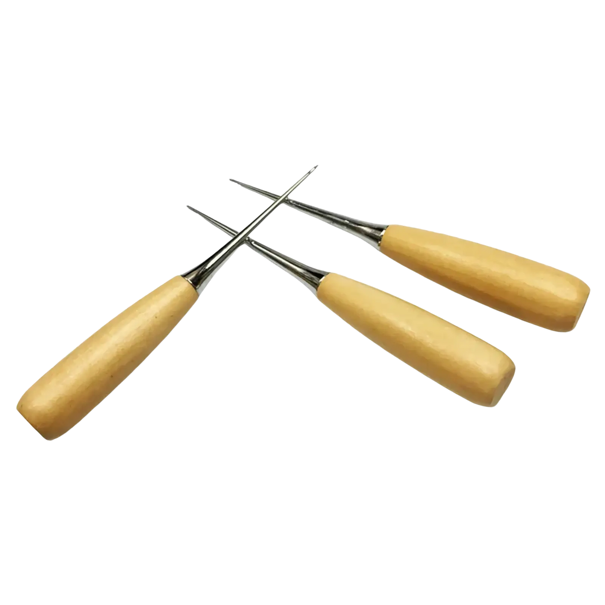 Set of three leather sewing awl punch tools with wooden handles and polished metal tips for craft use
