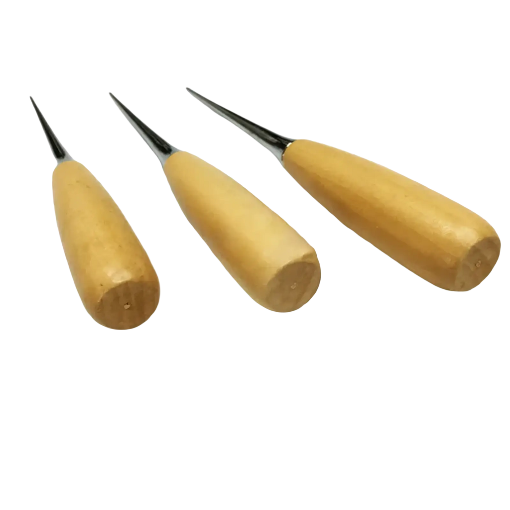 Set of three leather sewing awls with wooden handles and slender pointed metal tips for craft punching