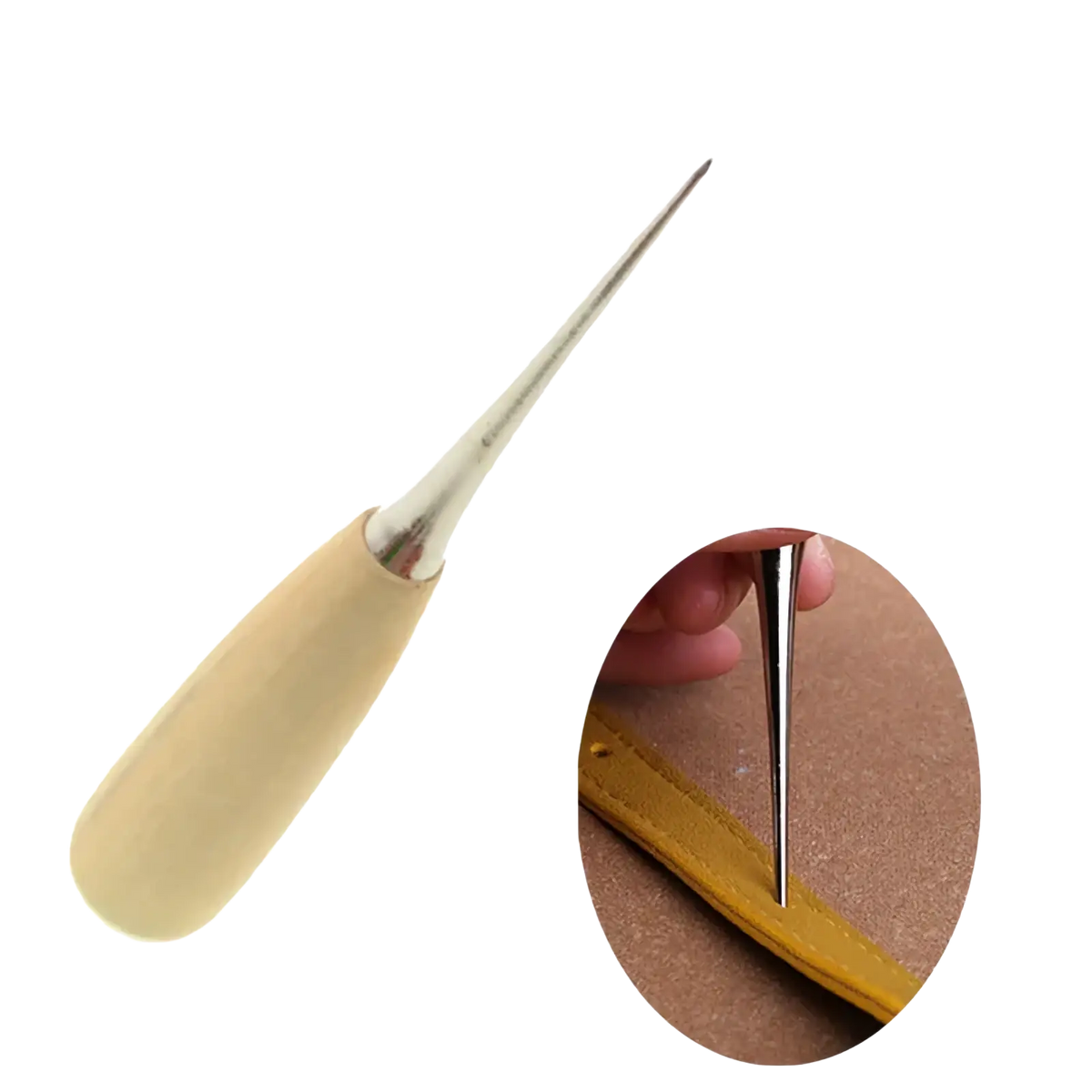 A sleek cream-colored leather sewing awl with wooden handle and polished silver metal punch tip for crafting