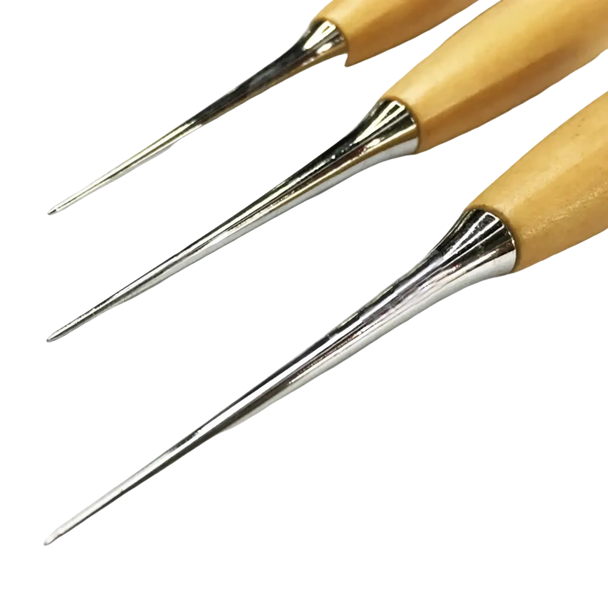 Three wooden-handled leather sewing awl needles with slender shiny metallic tips for craft punching and stitching