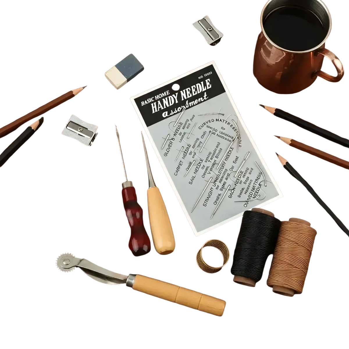 Basic home handy needle assortment package with black and white labeling featuring metallic sewing needles for leather diy repair