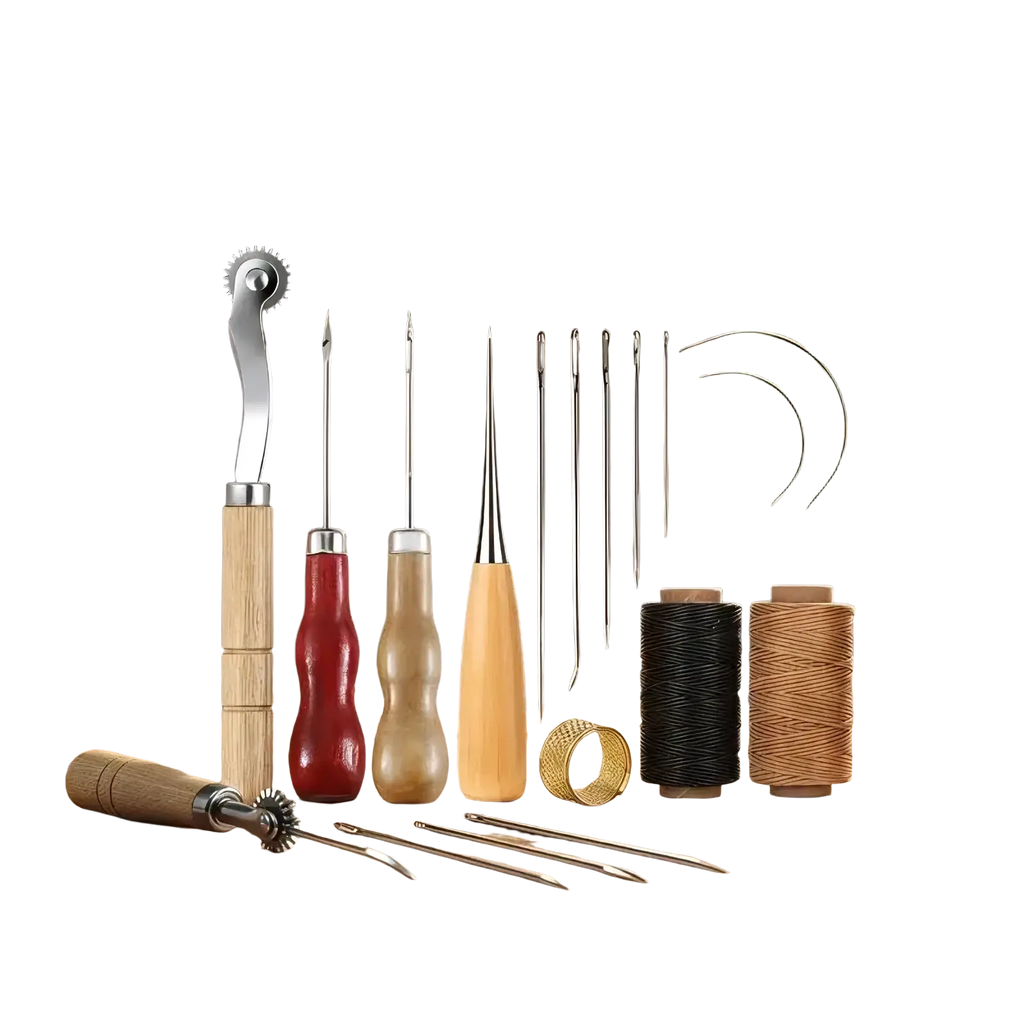 Wooden-handled leather sewing tool kit with metal tools and black and tan thread spools for diy craft and repair