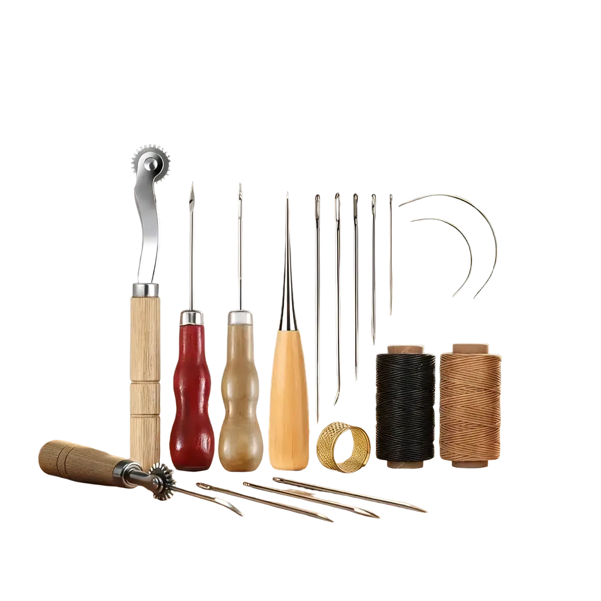 Wooden-handled leather sewing tool kit with metal tools and black and tan thread spools for diy craft and repair