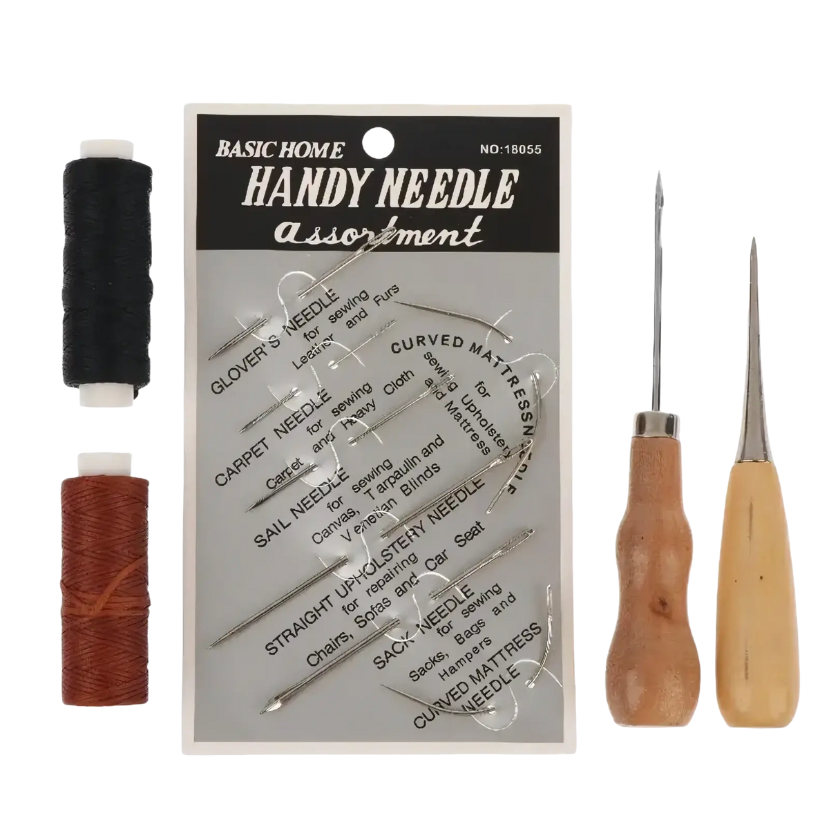 Basic home handy needle assortment package with 11 pieces including wooden-handled tools for leather sewing and repair