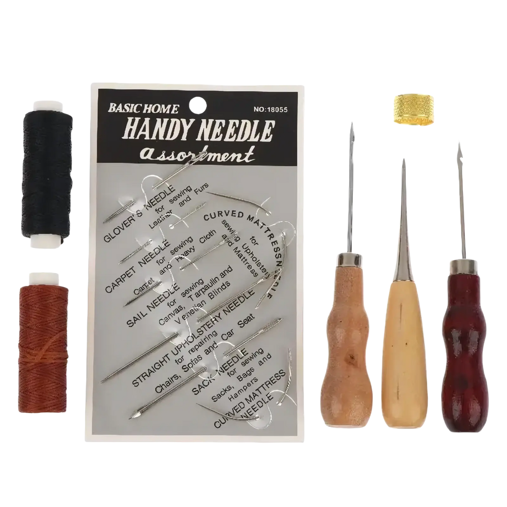 Basic home handy leather sewing tool kit featuring 13 wooden handle needles and black and brown thread spools for diy crafts and repair