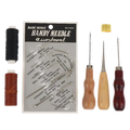 Basic home handy leather sewing tool kit featuring 13 wooden handle needles and black and brown thread spools for diy crafts and repair