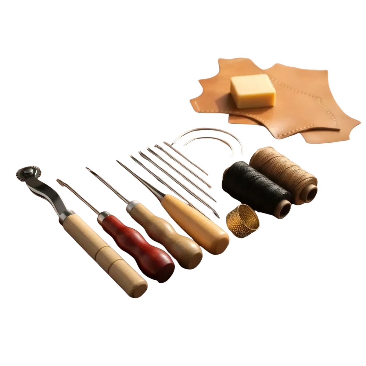 Leather sewing tool kit with wooden and red handles metal needles roller thread spools and gold thimble for diy crafts