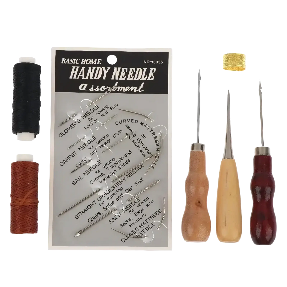 Leather sewing tools kit featuring 13 basic home handy needles with wooden handles and black and brown thread spools