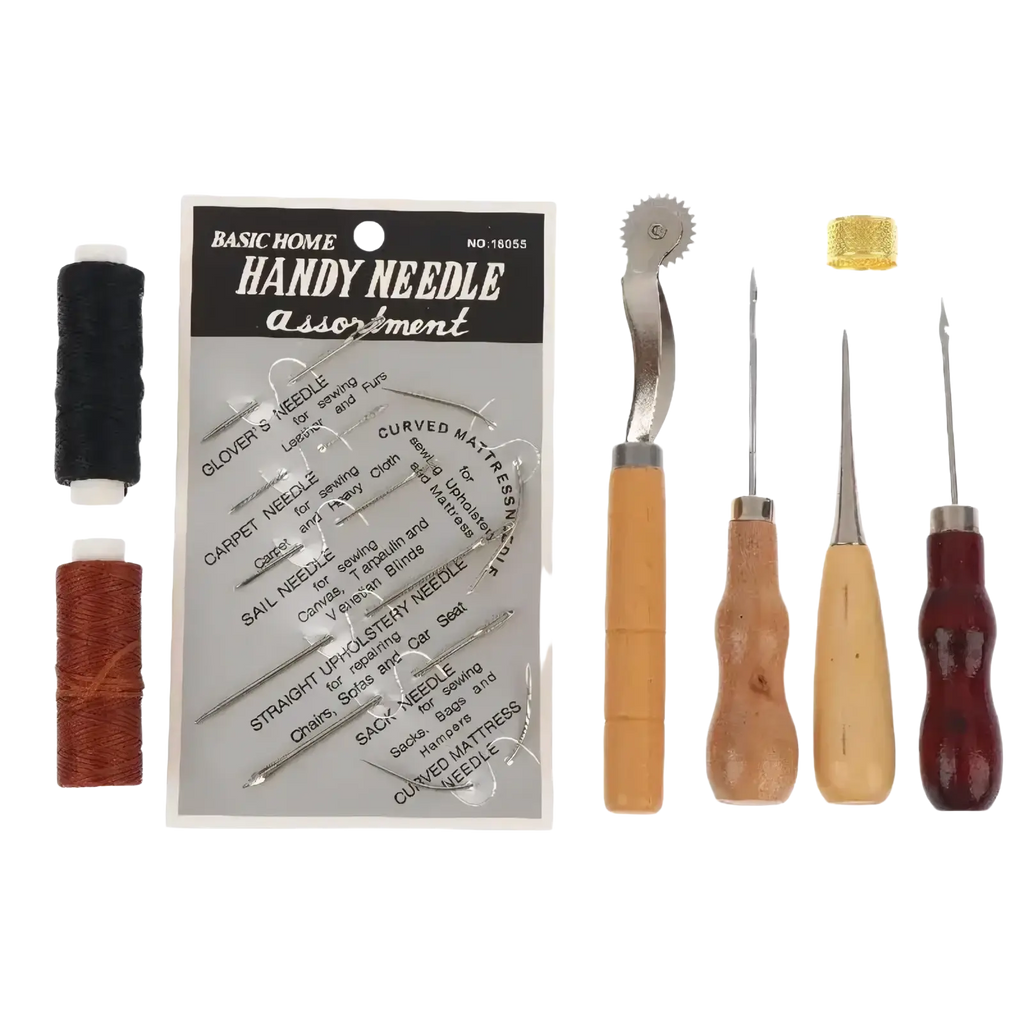 Leather sewing tools kit with 14 basic needles, leather punch tool, and black and brown thread spools for diy craft and repair