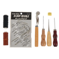 Leather sewing tools kit with 14 basic needles, leather punch tool, and black and brown thread spools for diy craft and repair