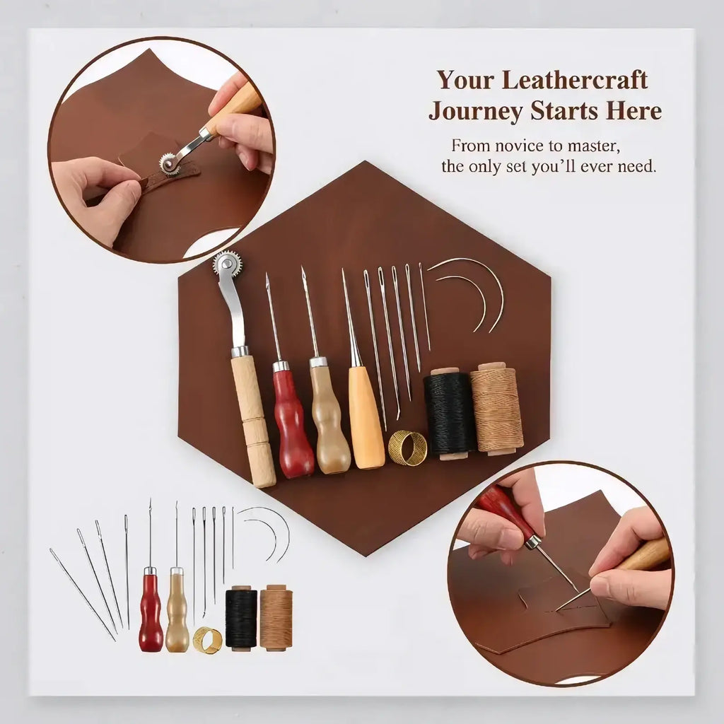 Leather sewing tools kit with brown leathercraft set including wooden-handled tools metal needles and black tan thread