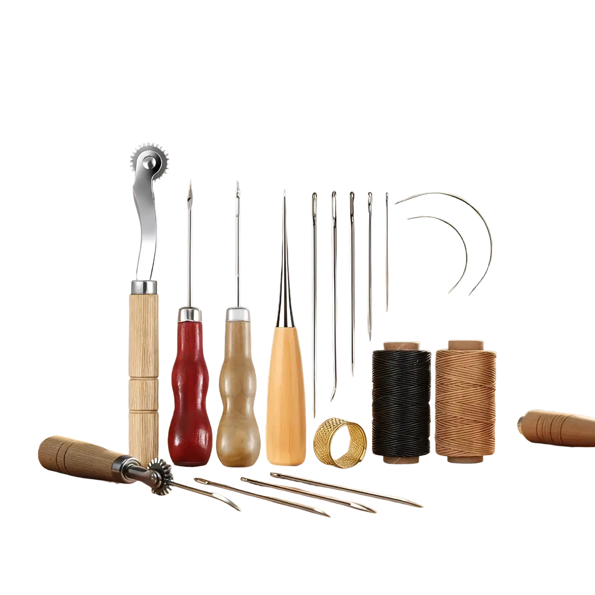 Huxuan leather sewing tools kit with wooden handles, metallic tips, black and tan thread for diy craft and repair