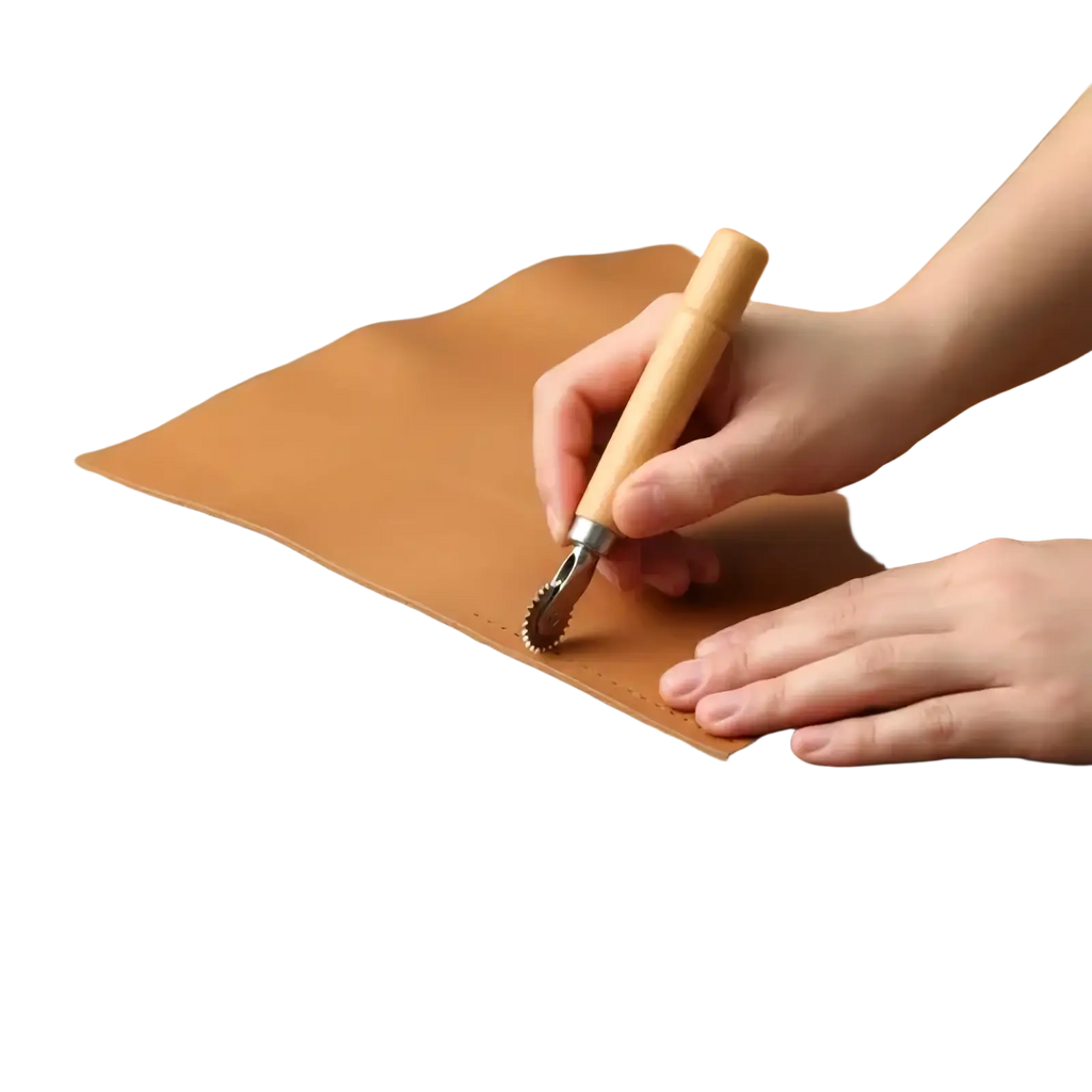 A wooden-handled leather stamping tool with a metallic toothed roller creating precise perforations on tan leather