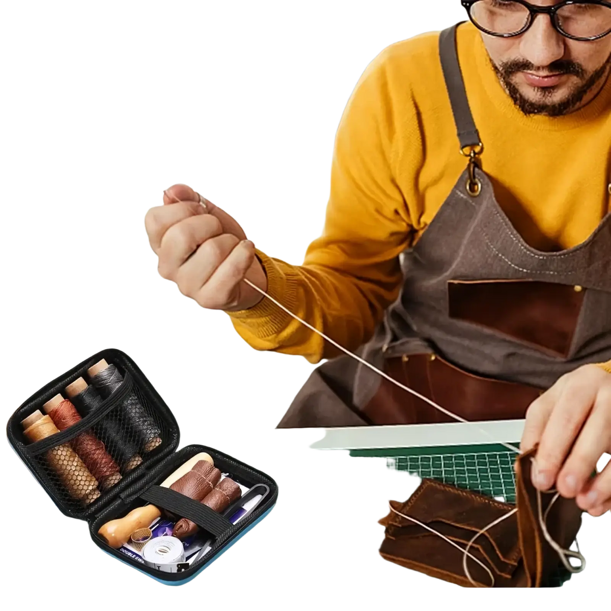 Black leather sewing tools kit with mesh-lined compartments holding waxed thread spools measuring tape and stitching tools
