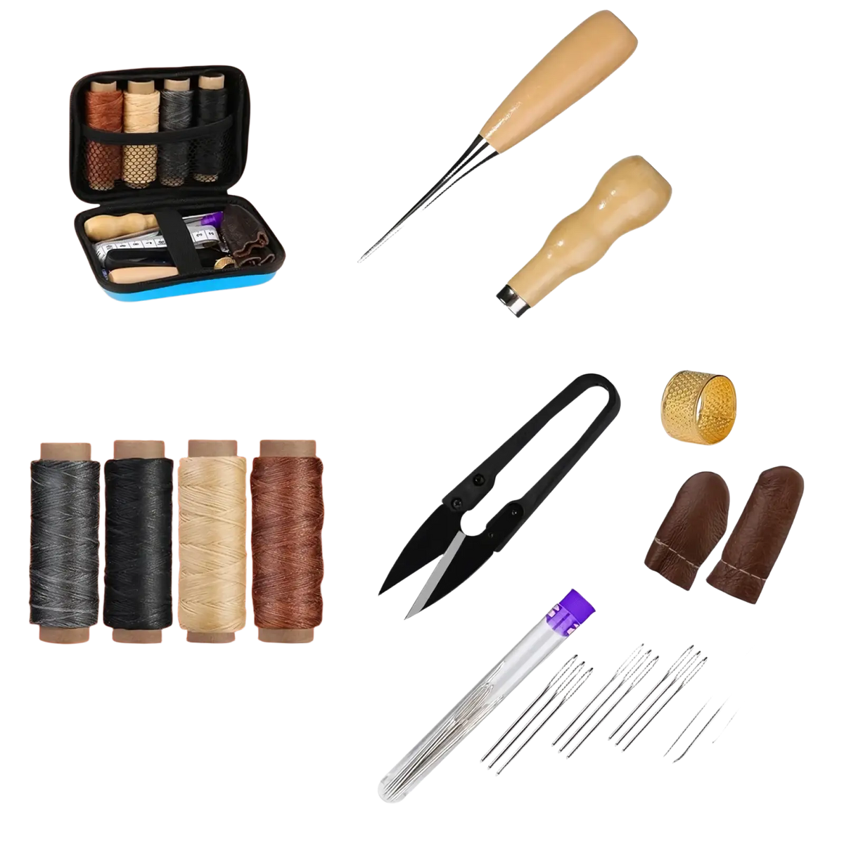 Black and tan leather finger cot with textured surface for precise sewing in leather sewing tools kit with waxed thread
